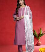 Embroidered Thread Work Round Neck Straight Kurta With Trousers & Dupatta