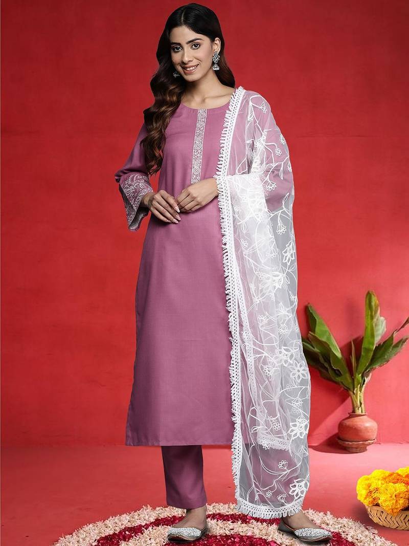 Embroidered Thread Work Round Neck Straight Kurta With Trousers & Dupatta