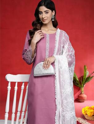 Embroidered Thread Work Round Neck Straight Kurta With Trousers & Dupatta 2