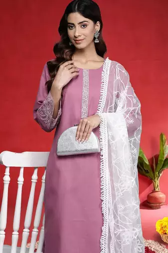 Embroidered Thread Work Round Neck Straight Kurta With Trousers & Dupatta
