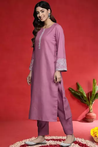 Embroidered Thread Work Round Neck Straight Kurta With Trousers & Dupatta