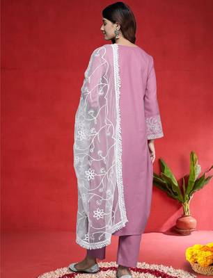 Embroidered Thread Work Round Neck Straight Kurta With Trousers & Dupatta 5