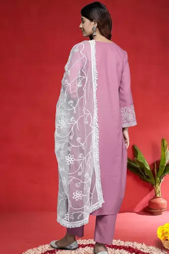 Embroidered Thread Work Round Neck Straight Kurta With Trousers & Dupatta