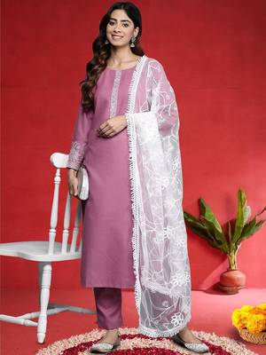 Embroidered Thread Work Round Neck Straight Kurta With Trousers & Dupatta 6