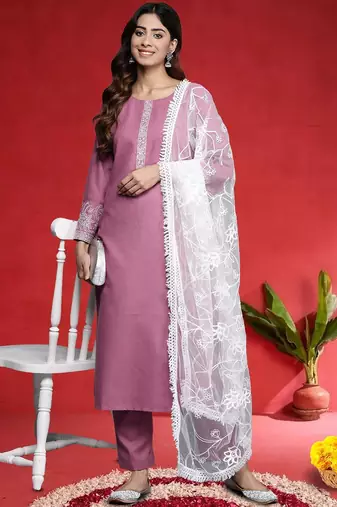 Embroidered Thread Work Round Neck Straight Kurta With Trousers & Dupatta