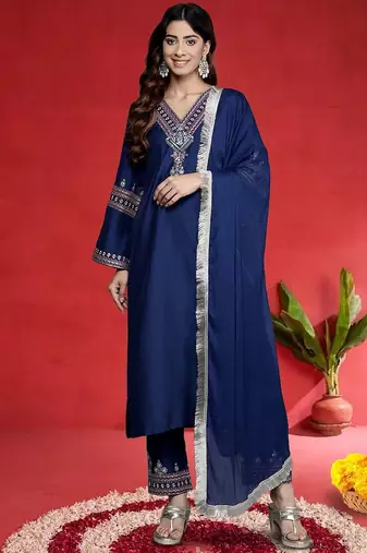 Women Ethnic Motifs Embroidered Kurta with Trouser & Dupatta