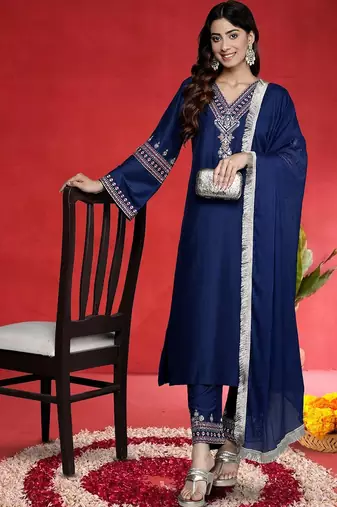 Women Ethnic Motifs Embroidered Kurta with Trouser & Dupatta
