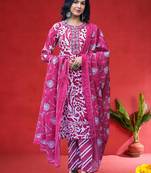 Floral Printed Thread Work Straight Kurta With Trousers & Dupatta