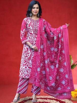 Floral Printed Thread Work Straight Kurta With Trousers & Dupatta 5
