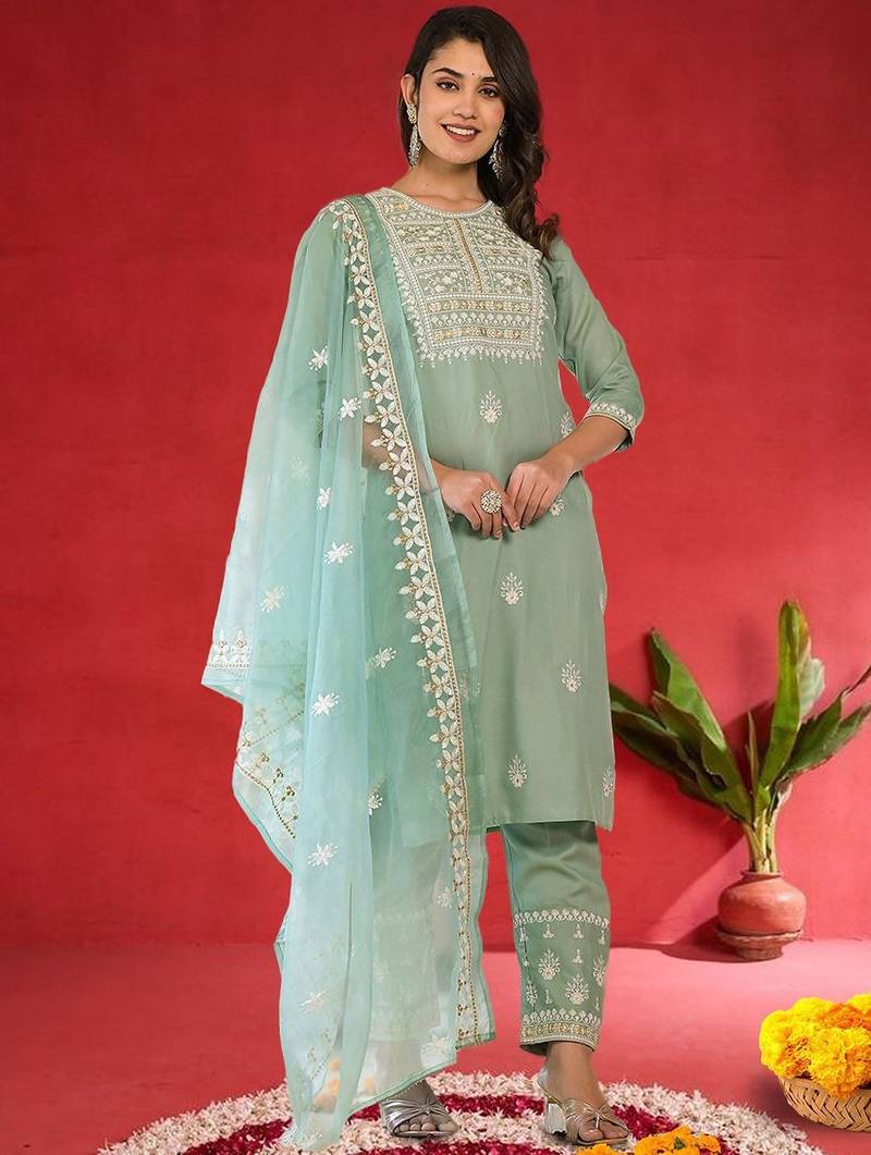 Women Ethnic Motifs Embroidered Kurta with Trouser & Dupatta