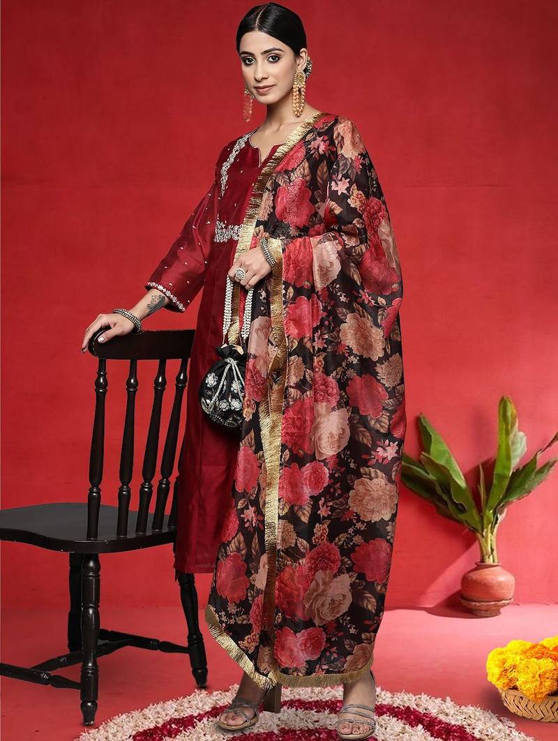 Women Floral Embroidered Kurta with Trouser & Dupatta