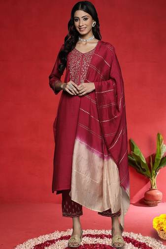 Ethnic Motifs Embroidered V-Neck Zari Straight Kurta With Trousers & Dupatta