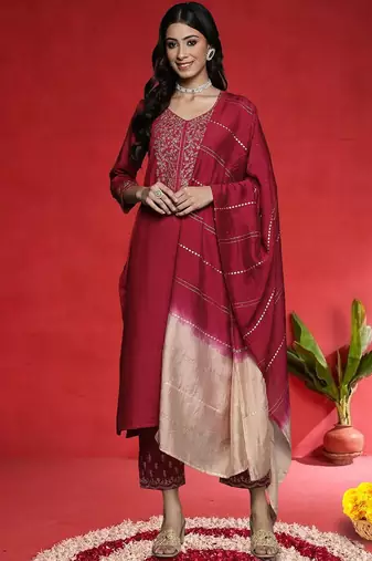 Ethnic Motifs Embroidered V-Neck Zari Straight Kurta With Trousers & Dupatta