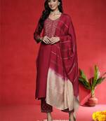 Ethnic Motifs Embroidered V-Neck Zari Straight Kurta With Trousers & Dupatta