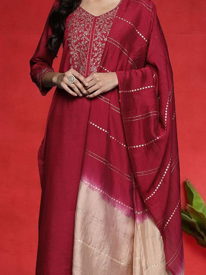 Ethnic Motifs Embroidered V-Neck Zari Straight Kurta With Trousers & Dupatta