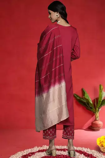 Ethnic Motifs Embroidered V-Neck Zari Straight Kurta With Trousers & Dupatta