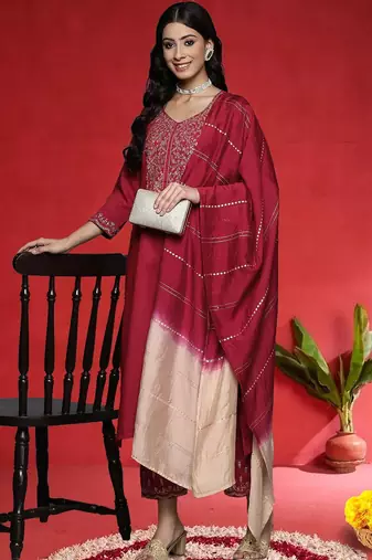 Ethnic Motifs Embroidered V-Neck Zari Straight Kurta With Trousers & Dupatta