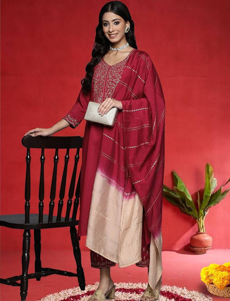 Ethnic Motifs Embroidered V-Neck Zari Straight Kurta With Trousers & Dupatta