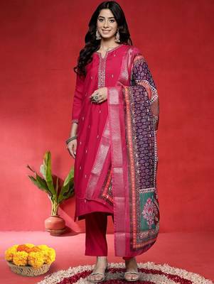 Floral Embroidered Mirror Work Straight Kurta With Trousers & Dupatta 1