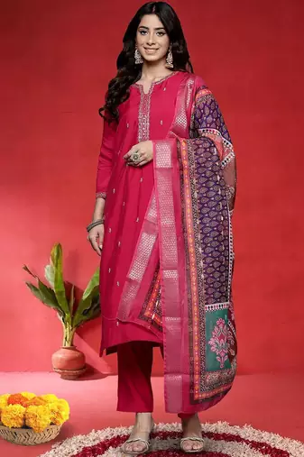 Floral Embroidered Mirror Work Straight Kurta With Trousers & Dupatta