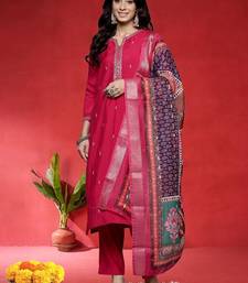 Floral Embroidered Mirror Work Straight Kurta With Trousers & Dupatta