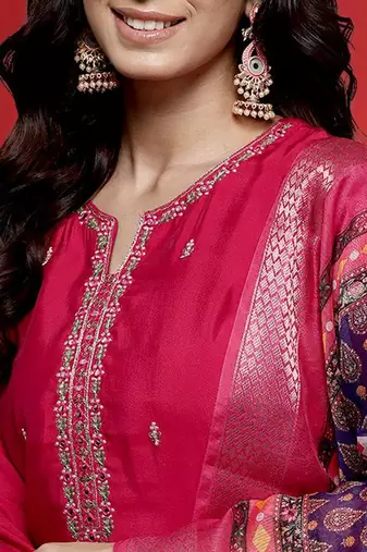 Floral Embroidered Mirror Work Straight Kurta With Trousers & Dupatta