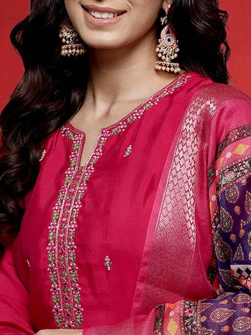 Floral Embroidered Mirror Work Straight Kurta With Trousers & Dupatta