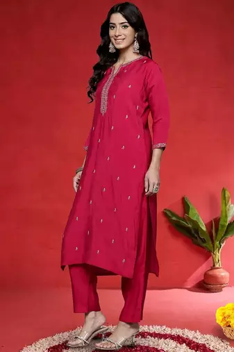 Floral Embroidered Mirror Work Straight Kurta With Trousers & Dupatta