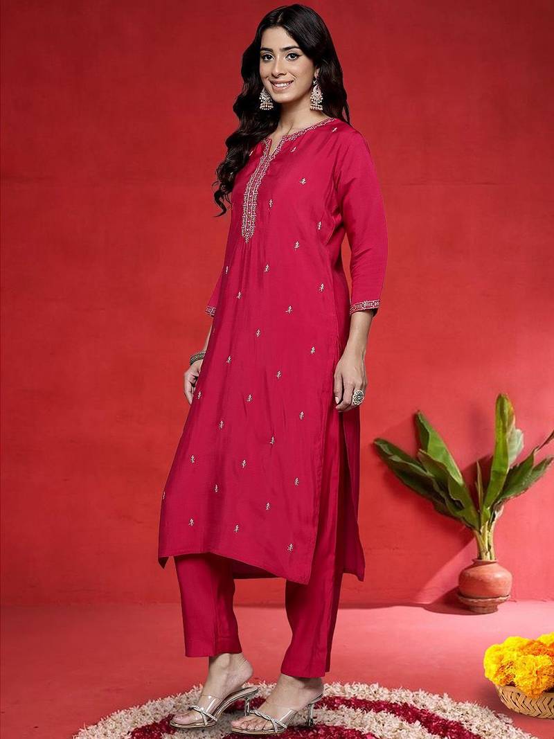 Floral Embroidered Mirror Work Straight Kurta With Trousers & Dupatta