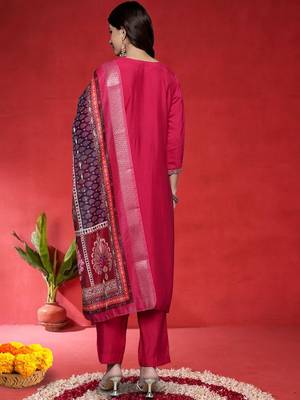 Floral Embroidered Mirror Work Straight Kurta With Trousers & Dupatta 5