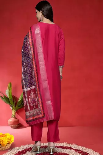 Floral Embroidered Mirror Work Straight Kurta With Trousers & Dupatta