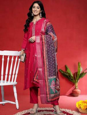 Floral Embroidered Mirror Work Straight Kurta With Trousers & Dupatta 6