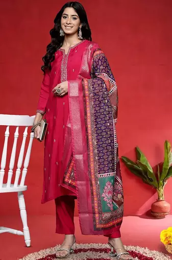 Floral Embroidered Mirror Work Straight Kurta With Trousers & Dupatta