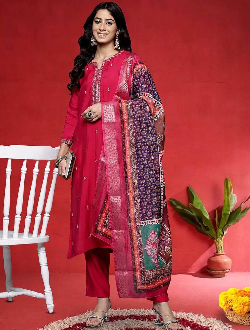 Floral Embroidered Mirror Work Straight Kurta With Trousers & Dupatta