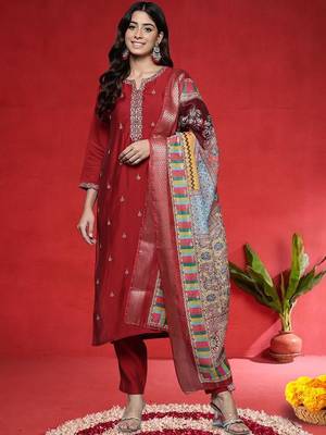 Floral Embroidered Notch Neck Mirror Work Straight Kurta With Trouser And Dupatta 1