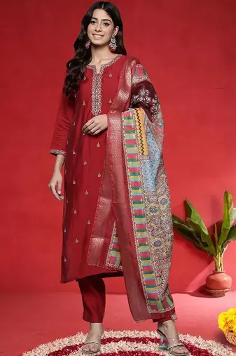 Floral Embroidered Notch Neck Mirror Work Straight Kurta With Trouser And Dupatta