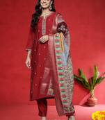 Floral Embroidered Notch Neck Mirror Work Straight Kurta With Trouser And Dupatta