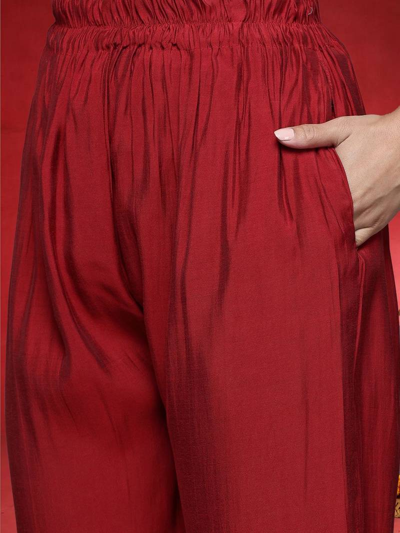 Floral Embroidered Notch Neck Mirror Work Straight Kurta With Trouser And Dupatta