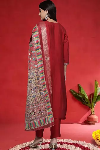 Floral Embroidered Notch Neck Mirror Work Straight Kurta With Trouser And Dupatta