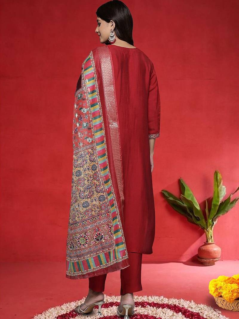 Floral Embroidered Notch Neck Mirror Work Straight Kurta With Trouser And Dupatta