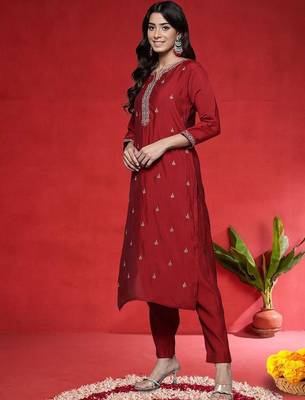 Floral Embroidered Notch Neck Mirror Work Straight Kurta With Trouser And Dupatta 6