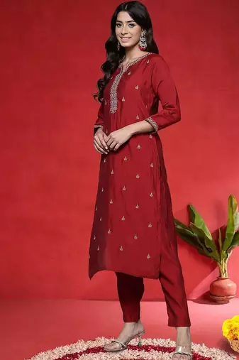 Floral Embroidered Notch Neck Mirror Work Straight Kurta With Trouser And Dupatta