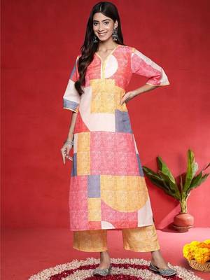 Geometric Printed V-Neck Straight Kurta With Trousers 1