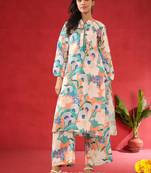 Floral Printed Mandarin Collar Straight Kurta With Trousers