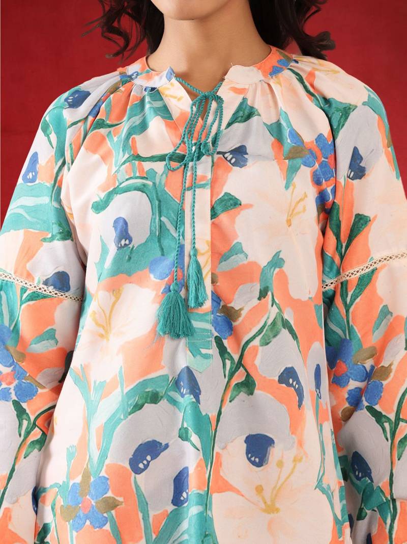 Floral Printed Mandarin Collar Straight Kurta With Trousers