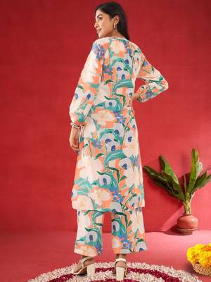 Floral Printed Mandarin Collar Straight Kurta With Trousers 5