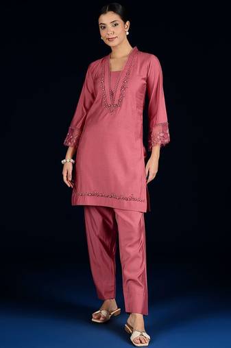 Floral Yoke Design Square Neck Beads And Stones Kurta With Salwar