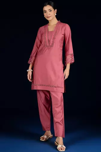 Floral Yoke Design Square Neck Beads And Stones Kurta With Salwar
