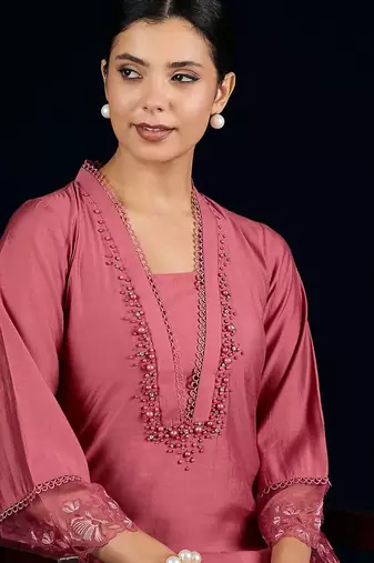 Floral Yoke Design Square Neck Beads And Stones Kurta With Salwar