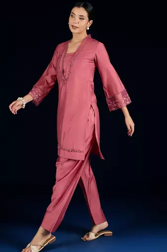 Floral Yoke Design Square Neck Beads And Stones Kurta With Salwar
